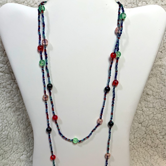 Long Layering Seed Beaded Glass Colorful Necklace IT GLOWS! - Picture 5 of 8